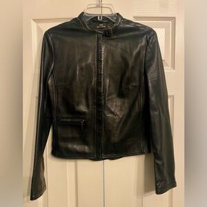 Mango Black Lambs Leather Zipper Biker Jacket Excellent Condition Sz S